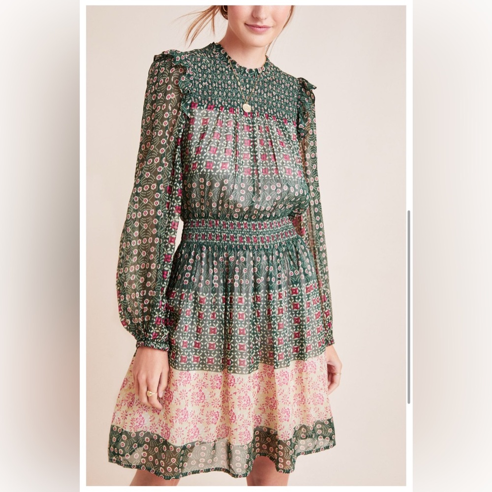 Anthropologie Green and Pink Floral Patchwork Long-Sleeve Dress